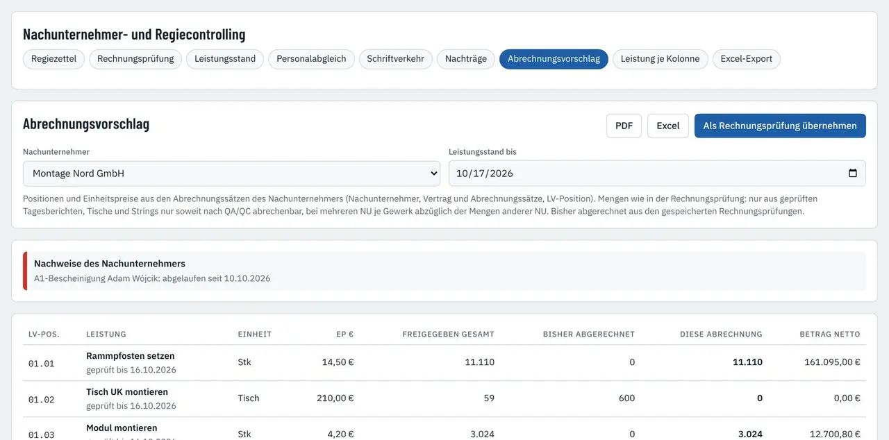 Nachunternehmer, Regie und Nachträge